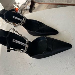 Manolo Blahnik Black Satin Pointy Toe Heel With Rhinestone Ankle Strap 8.5